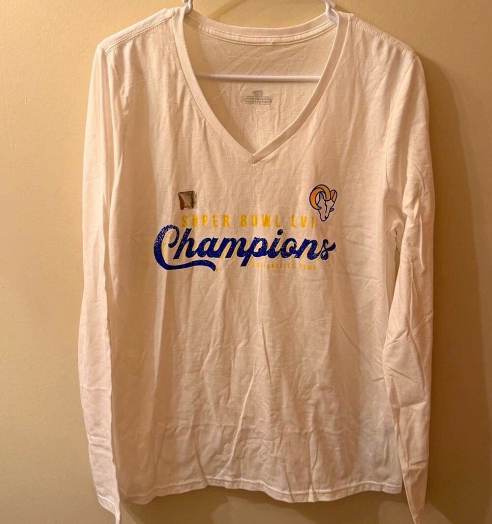 Los Angeles Rams Super Bowl LVI Champions Women's V-Neck Long Sleeve Shirt L NWT